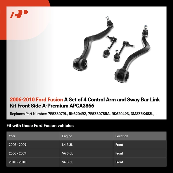2006-2010 Ford Fusion A Set of 4 Control Arm and Sway Bar Link Kit Front Side A-Premium APCA3866