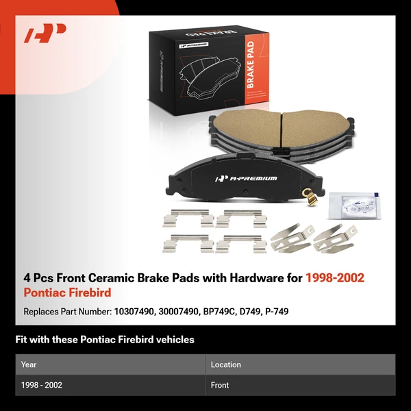 4 Pcs Front Ceramic Brake Pads with Hardware for 1998-2002 Pontiac Firebird