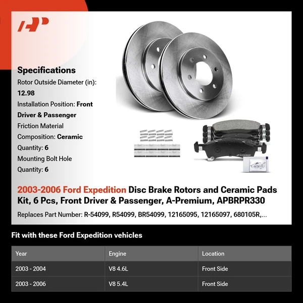 2003-2006 Ford Expedition Disc Brake Rotors and Ceramic Pads Kit, 6 Pcs, Front Driver & Passenger, A-Premium, APBRPR330