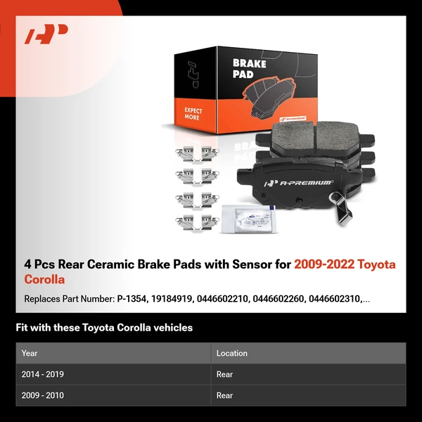 4 Pcs Rear Ceramic Brake Pads with Sensor for 2009-2022 Toyota Corolla
