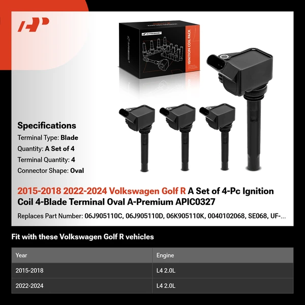 2015-2018 2022-2024 Volkswagen Golf R A Set of 4-Pc Ignition Coil 4-Blade Terminal Oval A-Premium APIC0327