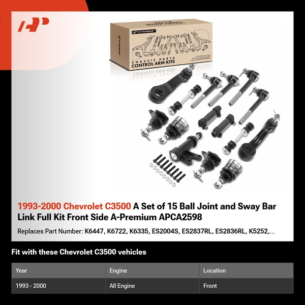 1993-2000 Chevrolet C3500 A Set of 15 Ball Joint and Sway Bar Link Full Kit Front Side A-Premium APCA2598