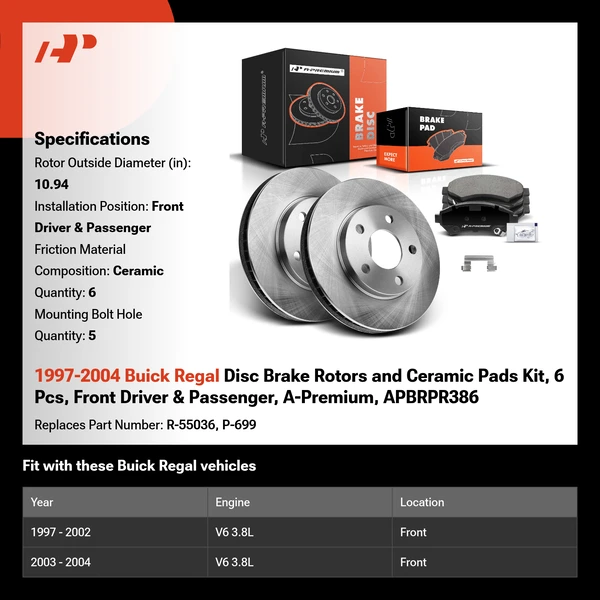 1997-2004 Buick Regal Disc Brake Rotors and Ceramic Pads Kit, 6 Pcs, Front Driver & Passenger, A-Premium, APBRPR386