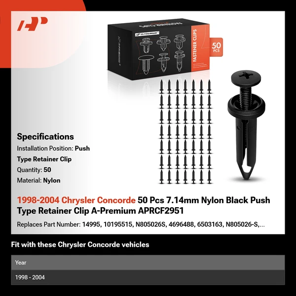 1998-2004 Chrysler Concorde 50 Pcs 7.14mm Nylon Black Push Type Retainer Clip A-Premium APRCF2951