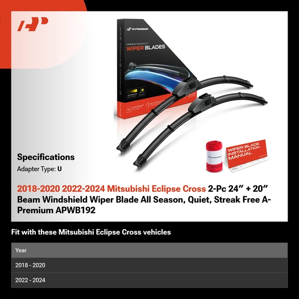 2018-2020 2022-2024 Mitsubishi Eclipse Cross 2-Pc 24″ + 20″ Beam Windshield Wiper Blade All Season, Quiet, Streak Free A-Premium APWB192