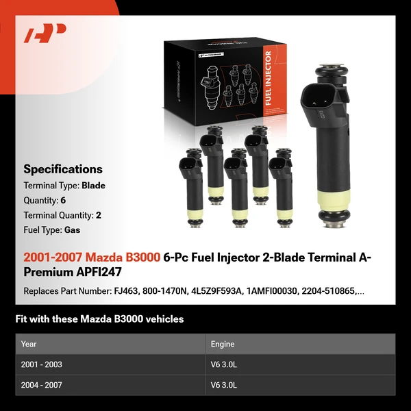 2001-2007 Mazda B3000 6-Pc Fuel Injector 2-Blade Terminal A-Premium APFI247