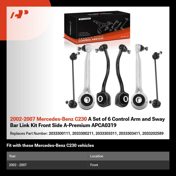 2002-2007 Mercedes-Benz C230 A Set of 6 Control Arm and Sway Bar Link Kit Front Side A-Premium APCA0319