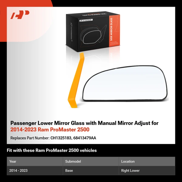 Passenger Lower Mirror Glass with Manual Mirror Adjust for 2014-2023 Ram ProMaster 2500