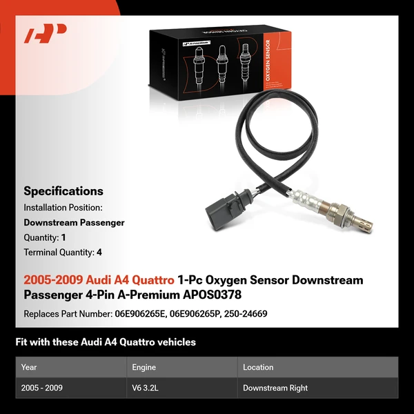 2005-2009 Audi A4 Quattro 1-Pc Oxygen Sensor Downstream Passenger 4-Pin A-Premium APOS0378