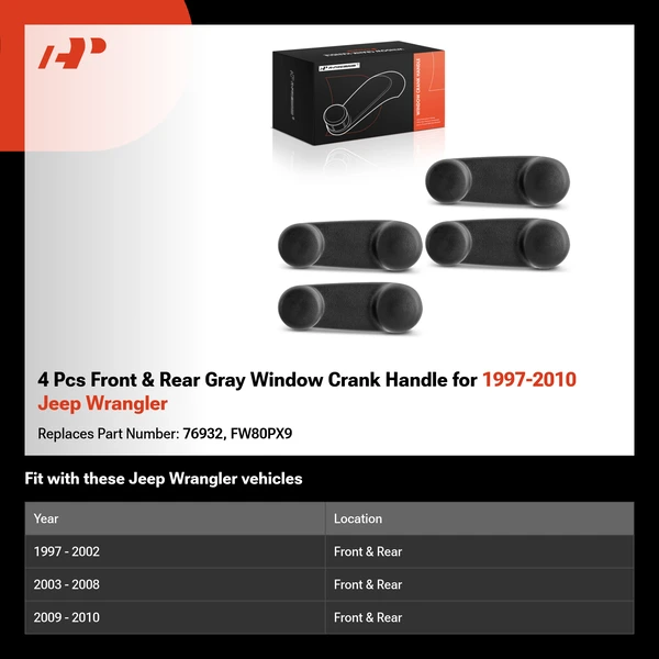 4 Pcs Front & Rear Gray Window Crank Handle for 1997-2010 Jeep Wrangler