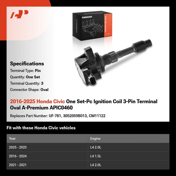 2016-2025 Honda Civic One Set-Pc Ignition Coil 3-Pin Terminal Oval A-Premium APIC0460
