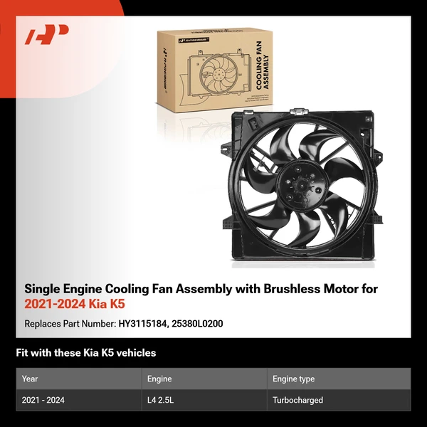 Single Engine Cooling Fan Assembly with Brushless Motor for 2021-2024 Kia K5