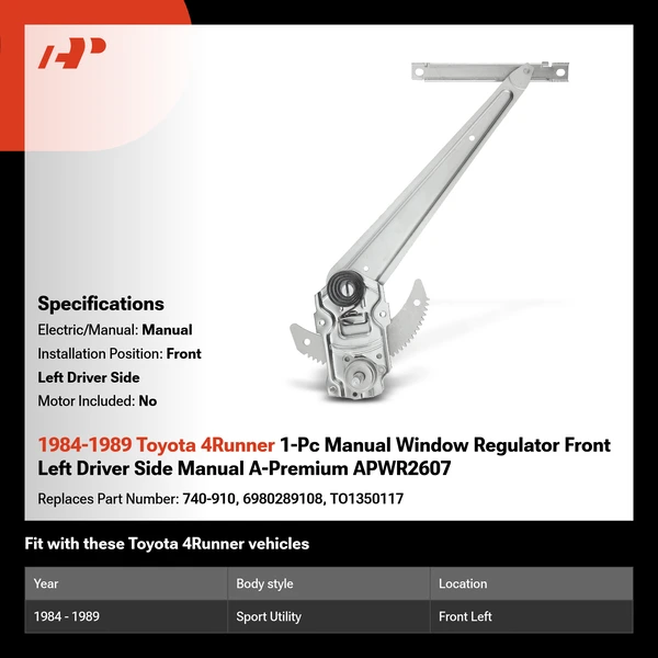1984-1989 Toyota 4Runner 1-Pc Manual Window Regulator Front Left Driver Side Manual A-Premium APWR2607