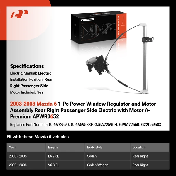 2003-2008 Mazda 6 1-Pc Power Window Regulator and Motor Assembly Rear Right Passenger Side Electric with Motor A-Premium APWR0652