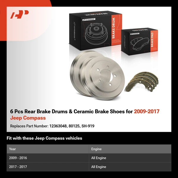 6 Pcs Rear Brake Drums & Ceramic Brake Shoes for 2009-2017 Jeep Compass