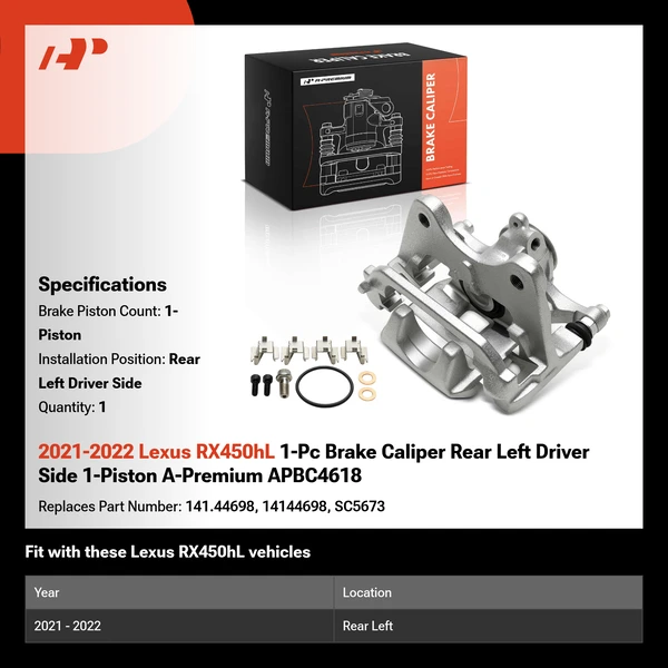 2021-2022 Lexus RX450hL 1-Pc Brake Caliper Rear Left Driver Side 1-Piston A-Premium APBC4618