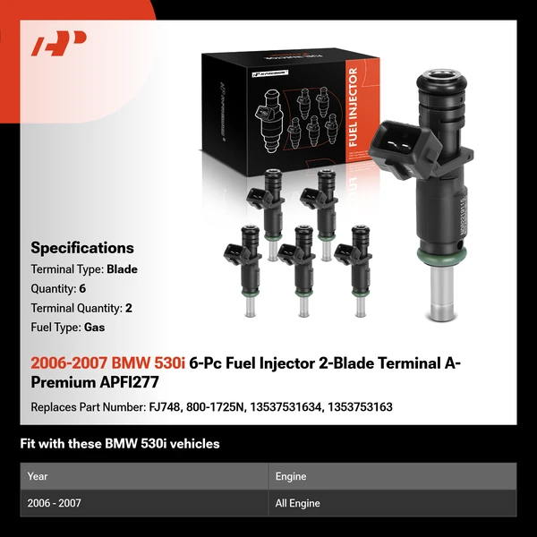 2006-2007 BMW 530i 6-Pc Fuel Injector 2-Blade Terminal A-Premium APFI277