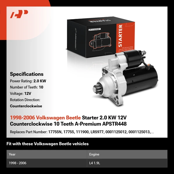 1998-2006 Volkswagen Beetle Starter 2.0 KW 12V Counterclockwise 10 Teeth A-Premium APSTR448