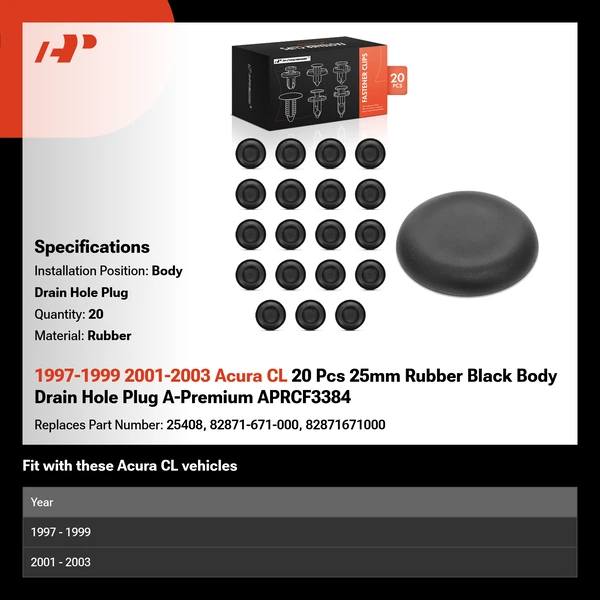 1997-1999 2001-2003 Acura CL 20 Pcs 25mm Rubber Black Body Drain Hole Plug A-Premium APRCF3384