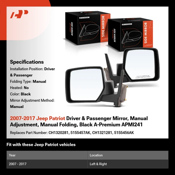 2007-2017 Jeep Patriot Driver & Passenger Mirror, Manual Adjustment, Manual Folding, Black A-Premium APMI241