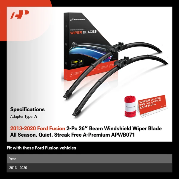 2013-2020 Ford Fusion 2-Pc 26″ Beam Windshield Wiper Blade All Season, Quiet, Streak Free A-Premium APWB071