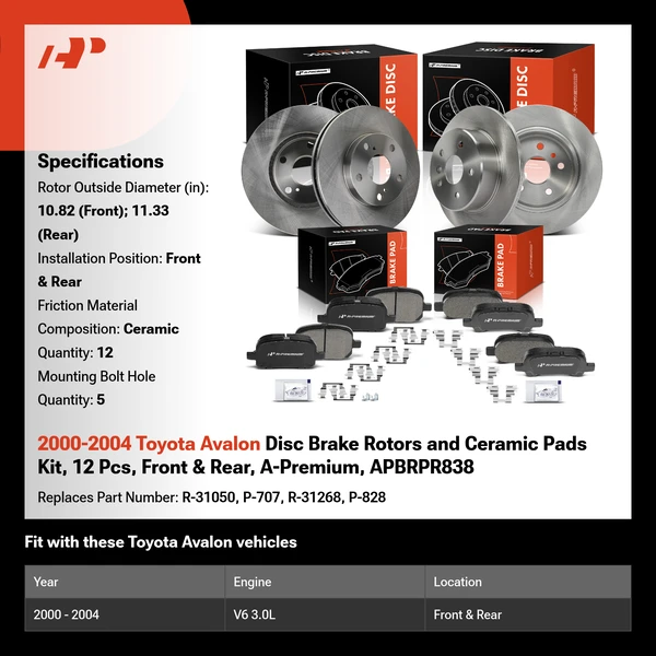 2000-2004 Toyota Avalon Disc Brake Rotors and Ceramic Pads Kit, 12 Pcs, Front & Rear, A-Premium, APBRPR838
