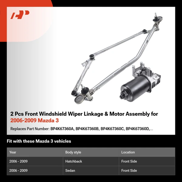 2 Pcs Front Windshield Wiper Linkage & Motor Assembly for 2006-2009 Mazda 3