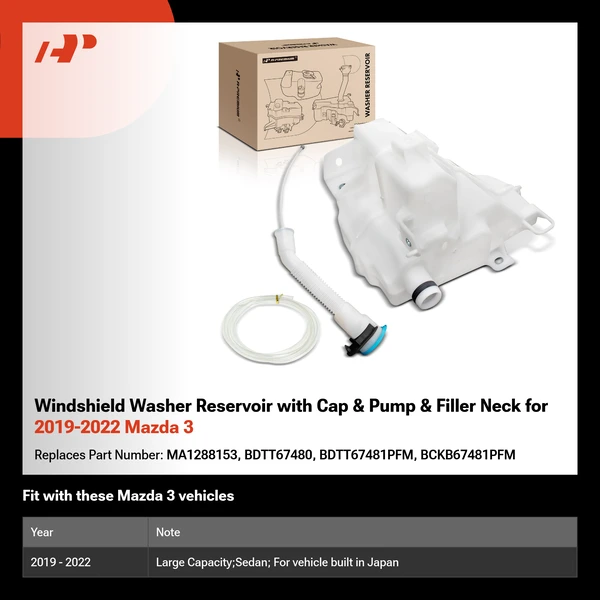 Windshield Washer Reservoir with Cap & Pump & Filler Neck for 2019-2022 Mazda 3