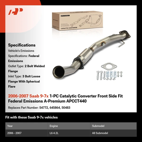 2006-2007 Saab 9-7x 1-PC Catalytic Converter Front Side Fit Federal Emissions A-Premium APCCT440