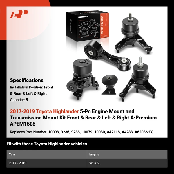 2017-2019 Toyota Highlander 5-Pc Engine Mount and Transmission Mount Kit Front & Rear & Left & Right A-Premium APEM1505