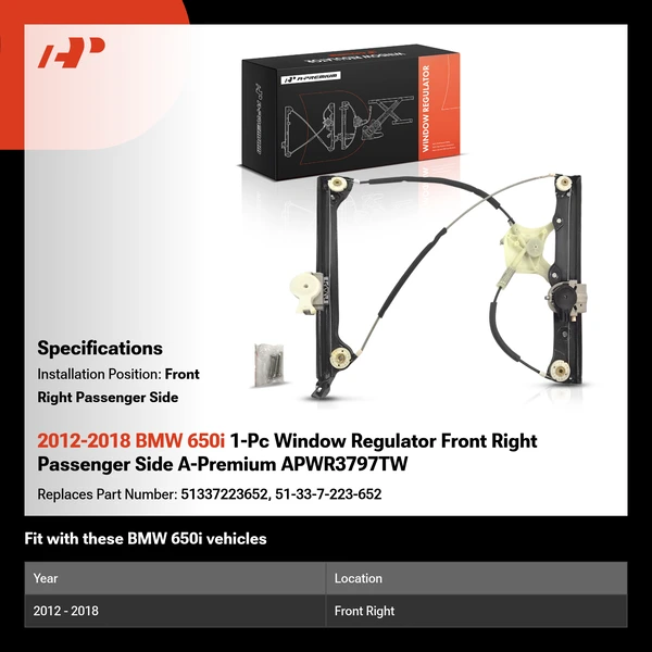 2012-2018 BMW 650i 1-Pc Window Regulator Front Right Passenger Side A-Premium APWR3797TW