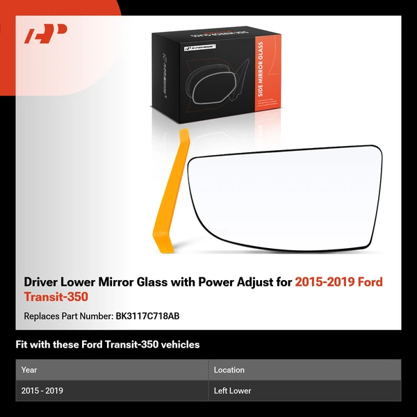 Driver Lower Mirror Glass with Power Adjust for 2015-2019 Ford Transit-350