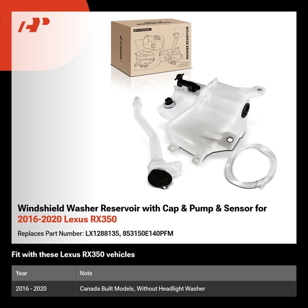 Windshield Washer Reservoir with Cap & Pump & Sensor for 2016-2020 Lexus RX350