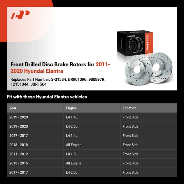 Front Drilled Disc Brake Rotors for 2011-2020 Hyundai Elantra