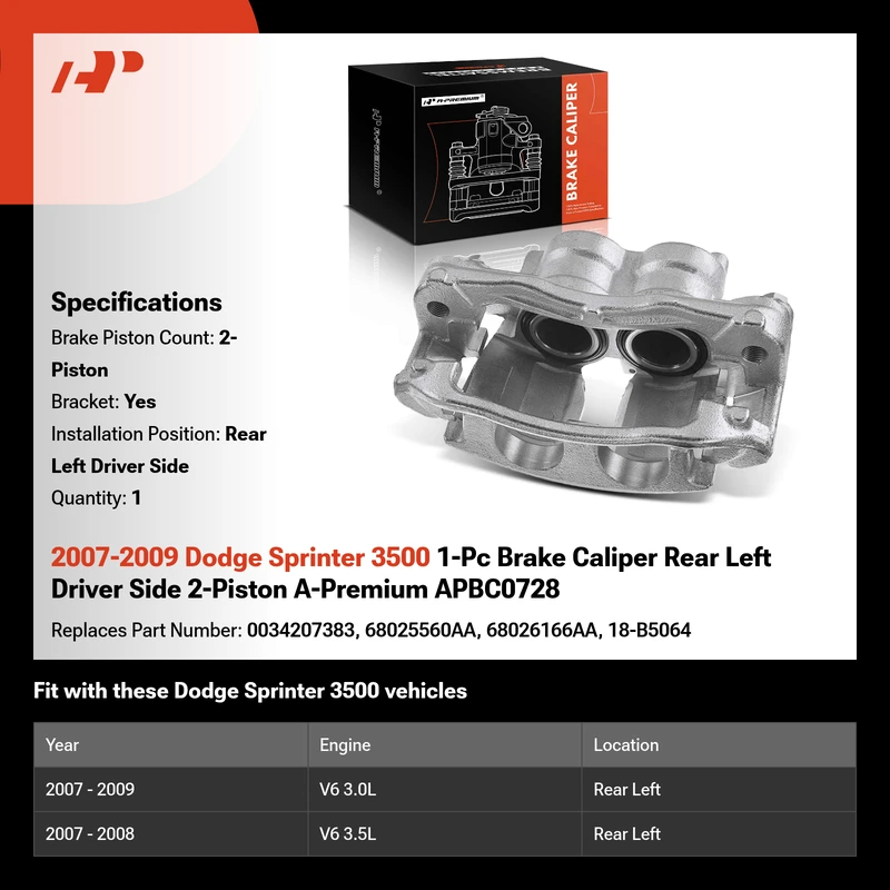 2007-2009 Dodge Sprinter 3500 1-Pc Brake Caliper Rear Left Driver Side 2-Piston A-Premium APBC0728