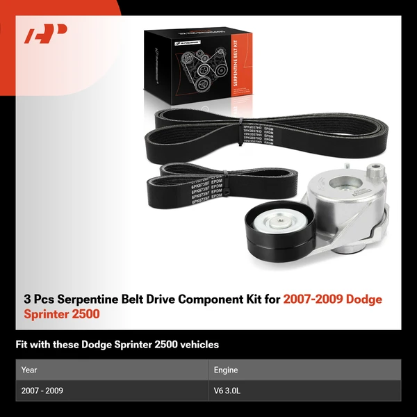 3 Pcs Serpentine Belt Drive Component Kit for 2007-2009 Dodge Sprinter 2500