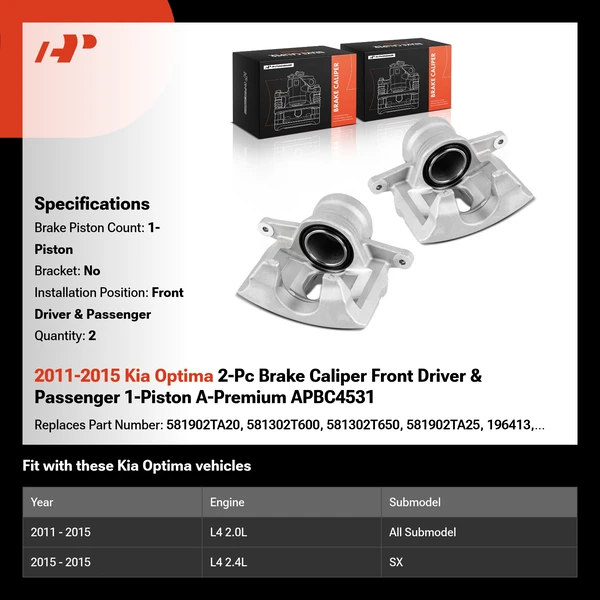 2011-2015 Kia Optima 2-Pc Brake Caliper Front Driver & Passenger 1-Piston A-Premium APBC4531