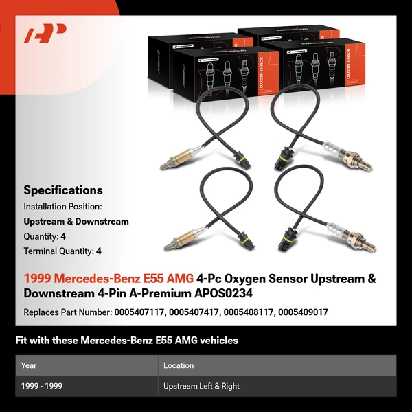 1999 Mercedes-Benz E55 AMG 4-Pc Oxygen Sensor Upstream & Downstream 4-Pin A-Premium APOS0234