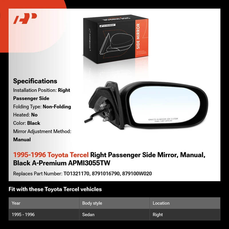 1995-1996 Toyota Tercel Right Passenger Side Mirror, Manual, Black A-Premium APMI3055TW