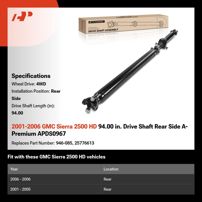 2001-2006 GMC Sierra 2500 HD 94.00 in. Drive Shaft Rear Side A-Premium APDS0967