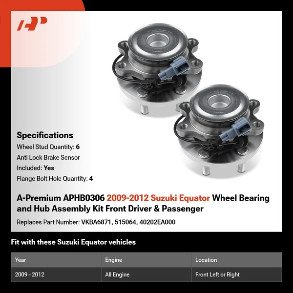 A-Premium APHB0306 2009-2012 Suzuki Equator Wheel Bearing and Hub Assembly Kit Front Driver & Passenger