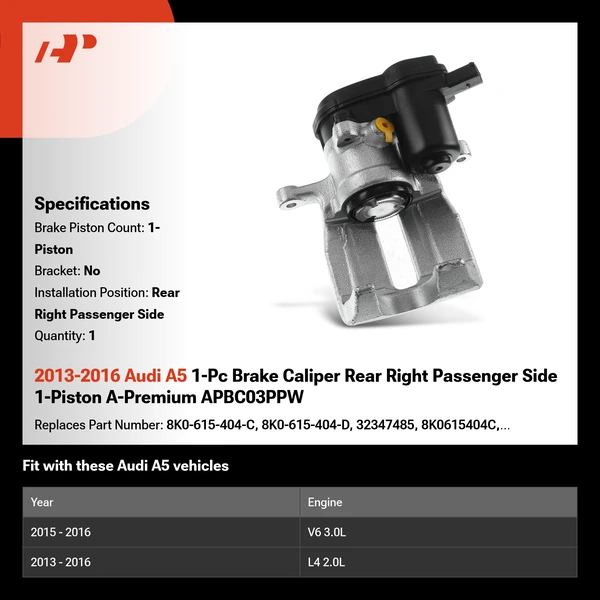 2013-2016 Audi A5 1-Pc Brake Caliper Rear Right Passenger Side 1-Piston A-Premium APBC03PPW
