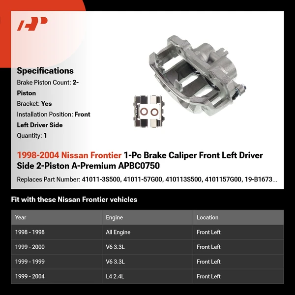1998-2004 Nissan Frontier 1-Pc Brake Caliper Front Left Driver Side 2-Piston A-Premium APBC0750