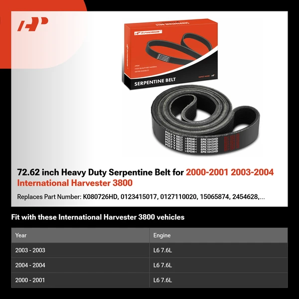 72.62 inch Heavy Duty Serpentine Belt for 2000-2001 2003-2004 International Harvester 3800