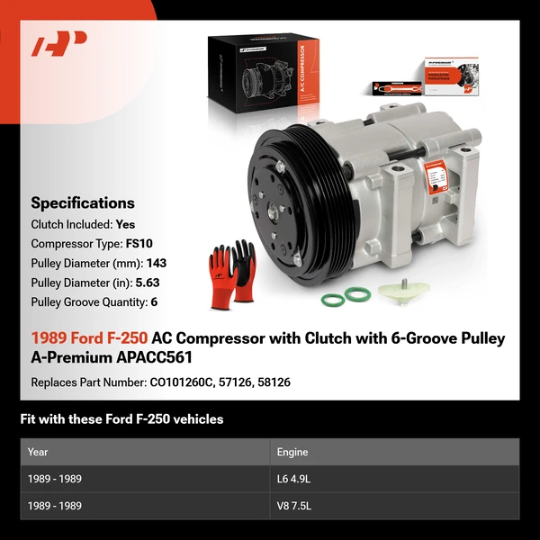 1989 Ford F-250 AC Compressor with Clutch with 6-Groove Pulley A-Premium APACC561