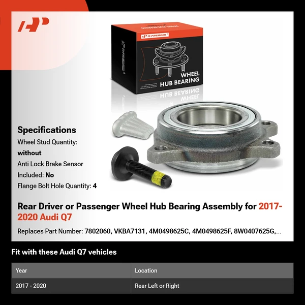 Rear Driver or Passenger Wheel Hub Bearing Assembly for 2017-2020 Audi Q7