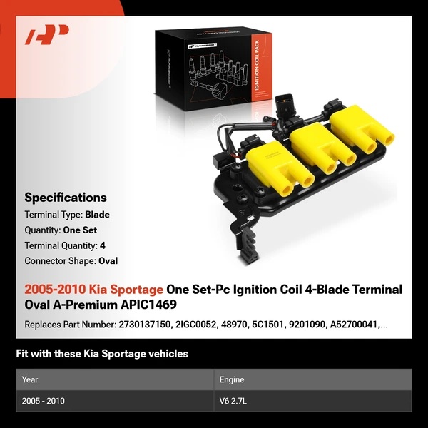 2005-2010 Kia Sportage One Set-Pc Ignition Coil 4-Blade Terminal Oval A-Premium APIC1469