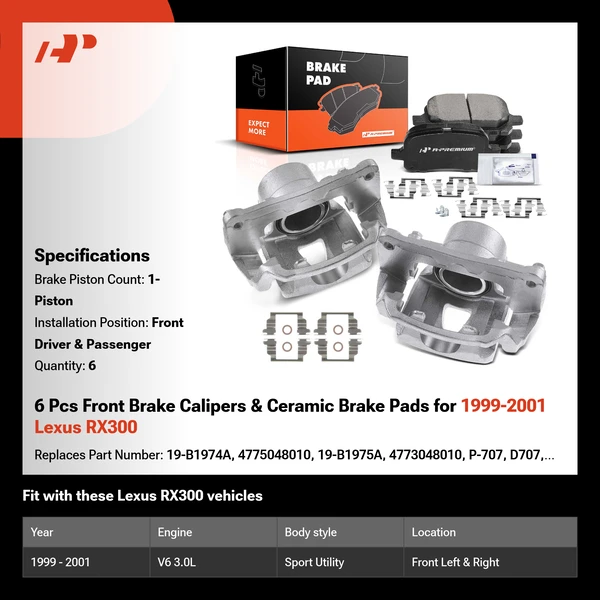 6 Pcs Front Brake Calipers & Ceramic Brake Pads for 1999-2001 Lexus RX300