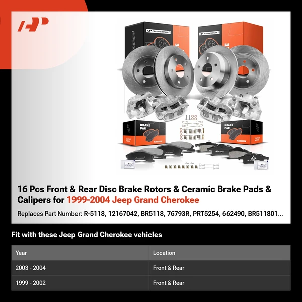 16 Pcs Front & Rear Disc Brake Rotors & Ceramic Brake Pads & Calipers for 1999-2004 Jeep Grand Cherokee