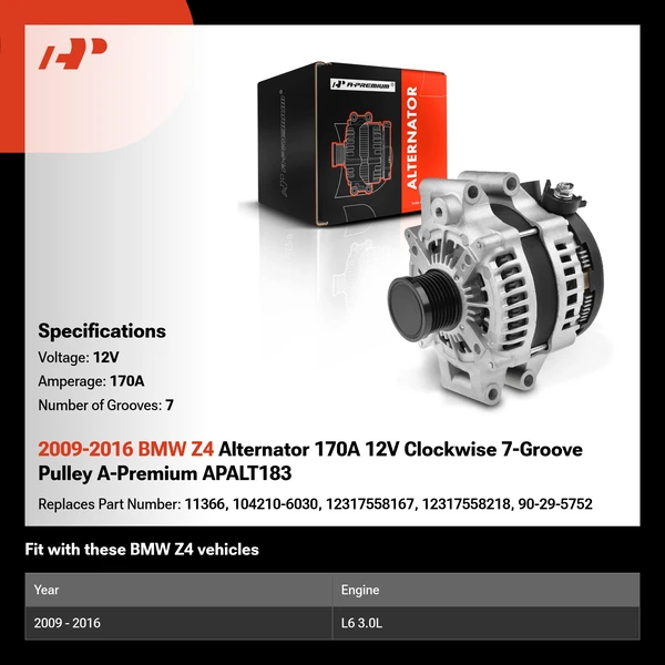 2009-2016 BMW Z4 Alternator 170A 12V Clockwise 7-Groove Pulley A-Premium APALT183
